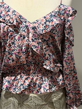 Moa Moa Pink Floral Ruffle V-Neck Blouse with Navy Accents
